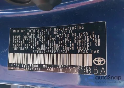 2015 Toyota Corolla S Plus z USA, uszkodzony, nr VIN 5YFBURHE5FP219780